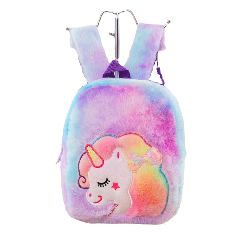 Korean Style Children's Small Backpack Tie-Dye Cartoon Embroidered Plush Bag Girl Cartoon Cute Kindergarten School Bag Wholesale