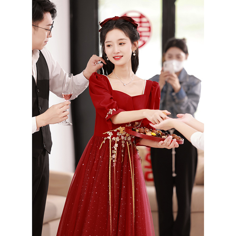 plus size Toast Dress Bride Slim 2025 New wine red chubby girl Wedding Engagement Door Dress Women's High-end Sense