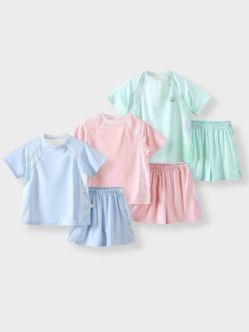 2025 Upf50+ Summer Sports Suit Kidsren's Korean Style Ice Silk Breathable Clothing Outdoor Short-Sleeved Shorts Two-Piece Set