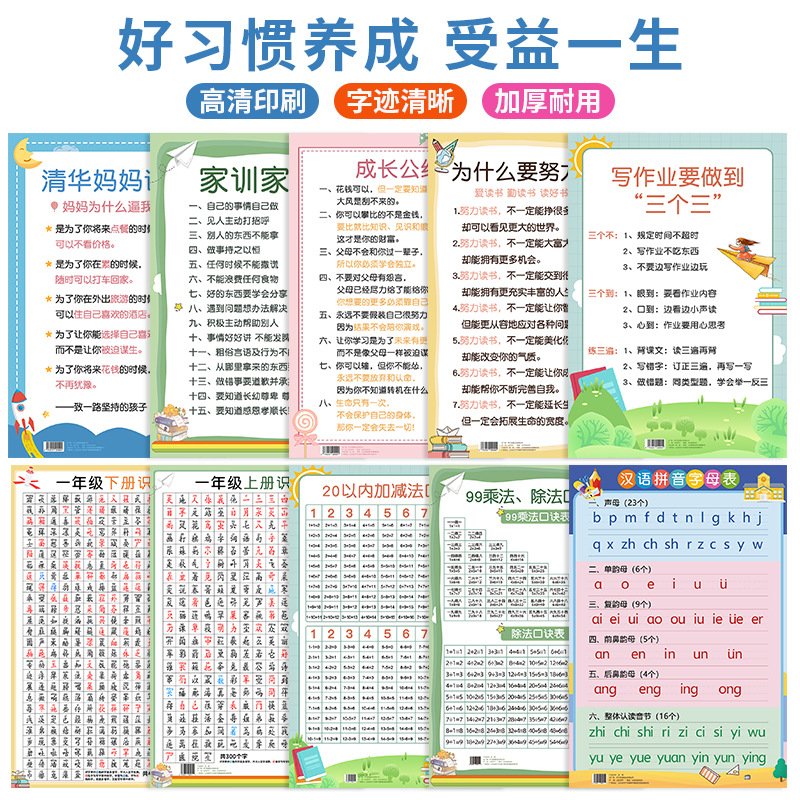 Семейные правила Наклейки на стену Инструкции Большого размера Хорошие дети Начальная школа Цитаты матерей Циньхуа Учебный стенд Пиньинь Грамотность