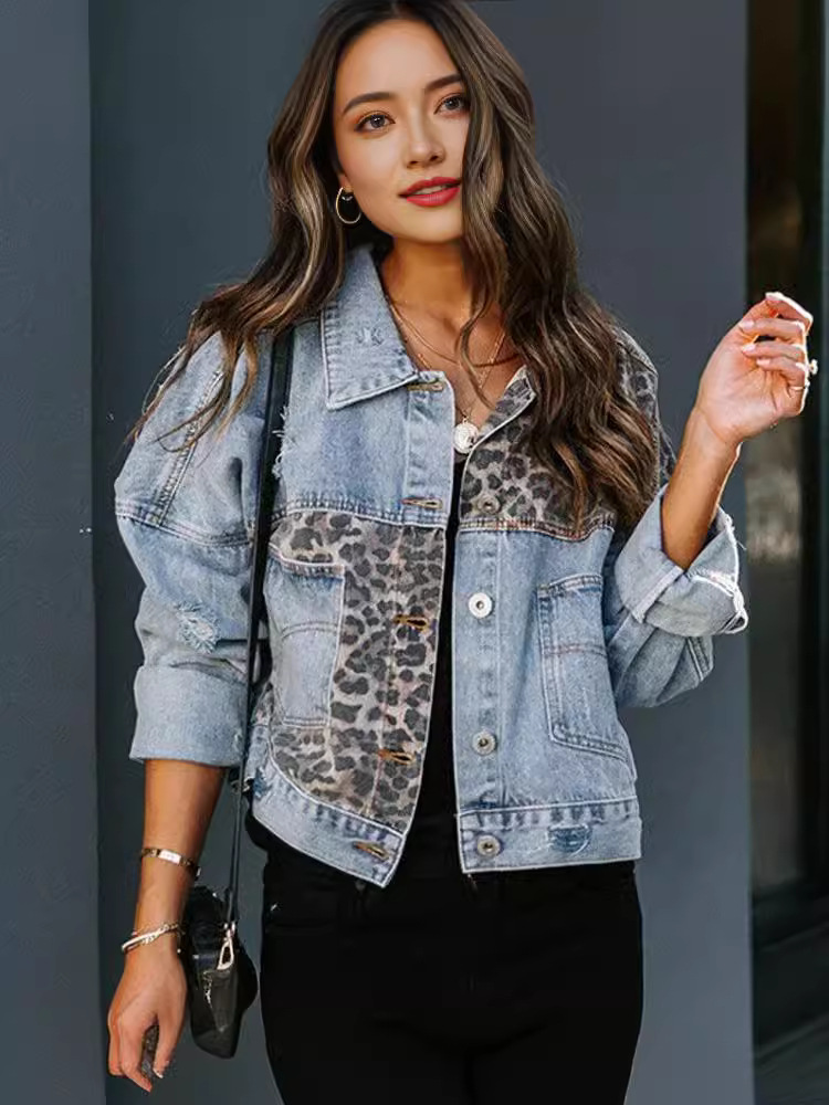 Cross-border autumn and winter new Amazon Denim coat women's long sleeve independent station European and American coat women's leopard stitching top