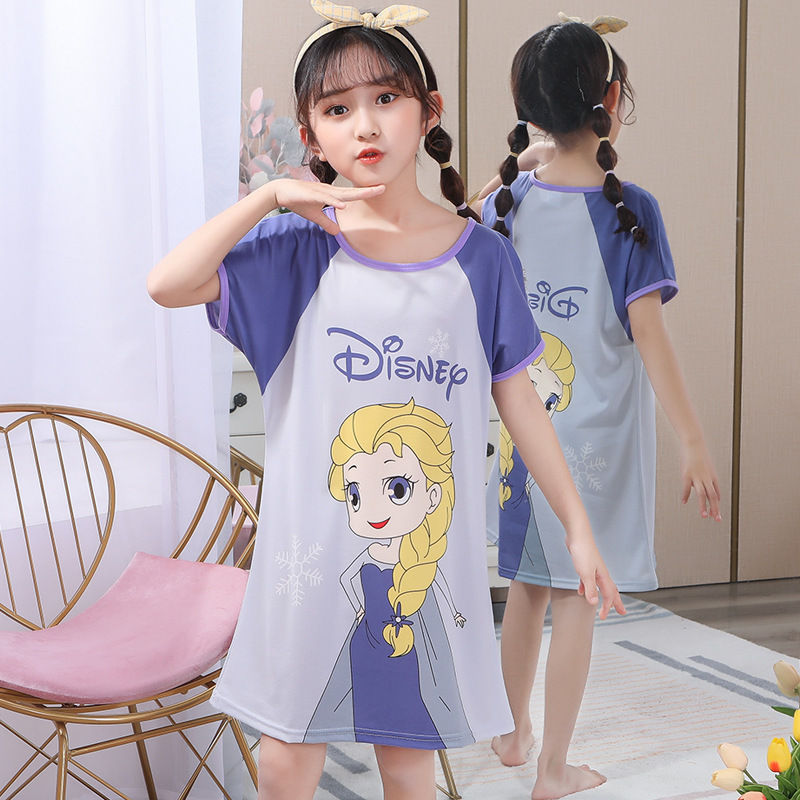 2025 Children's Nightgown Summer Short-sleeved Girls Baby Thin Little Girl Cartoon Pajamas Big Children's Home Clothes Summer
