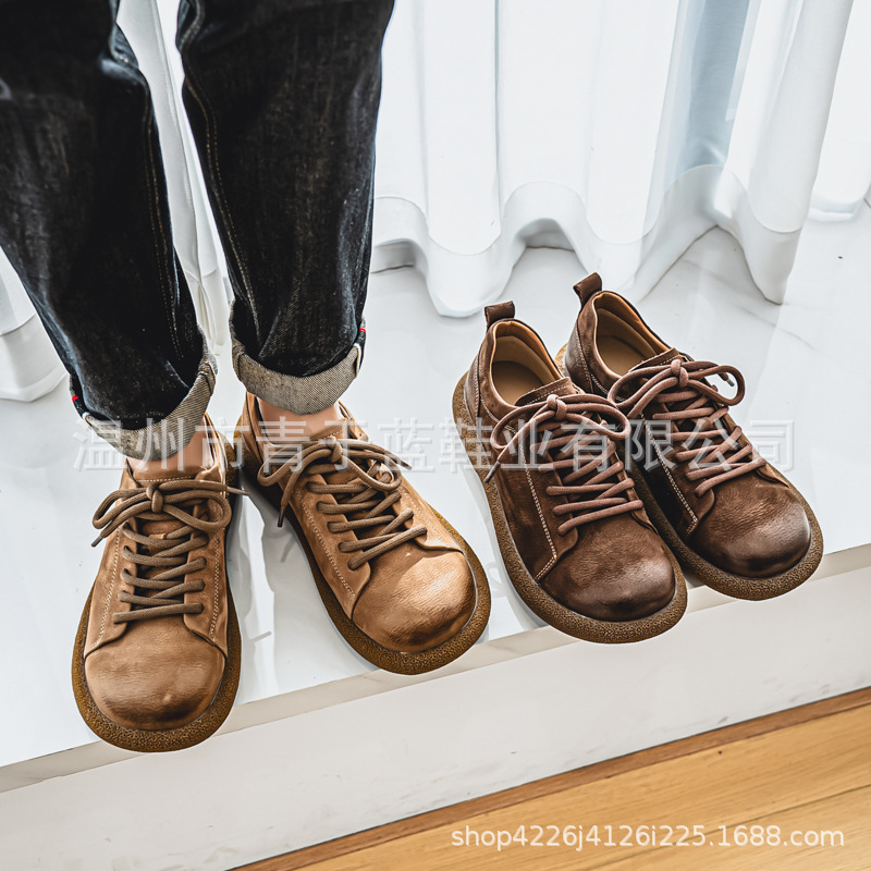 Men's Casual Leather Shoes Spring and Autumn New Genuine Leather British Vintage Thick-soled Tooling Shoes Soft Leather Soft-soled Low-top Single-layer Shoes for Men