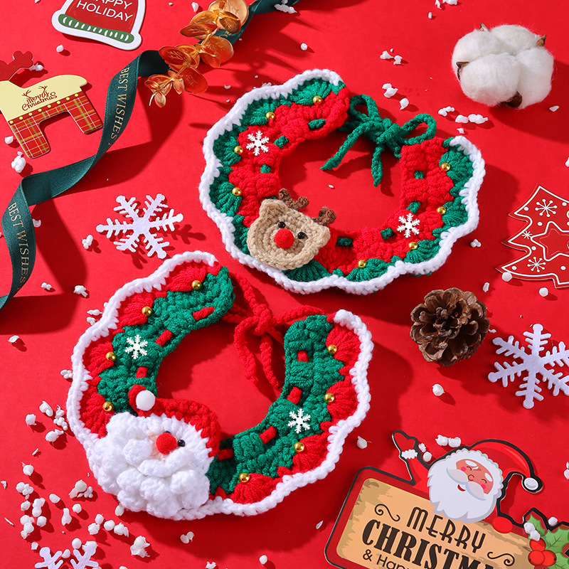 Cat Christmas Bib Adjusting Collar Cute Knitted Slippery Towel Pet New Year Bib Scarf Decorations