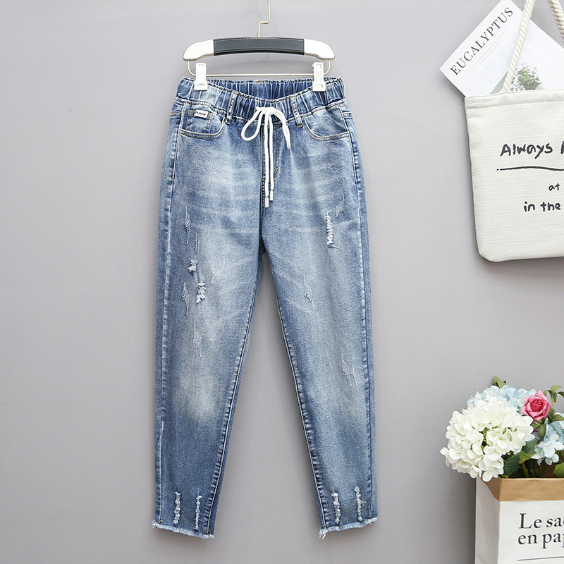 Large size stretch jeans women's 200kg fat MM Harlan pants loose slim turnip elastic high waist casual pants