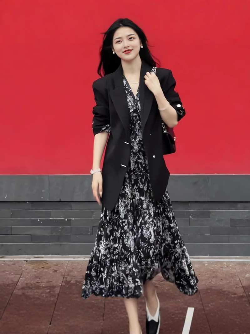 2771 spring plus size women's high-end retro gentle style temperament thin waist dress chubby girl floral skirt