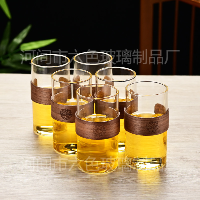Walnut Wood Chinese-Style Glass Tea Cup, Personal Use Master Cup, High-Temperature Resistant Glass Cup, Tea Tasting Cup, Anti-Scalding Tea Cup
