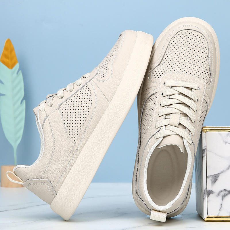 New Cowhide Perforated Breathable Casual sneaker Men's Shoes Lace-up Business Shoes Men's Genuine Leather Driving Travel Shoes for Men