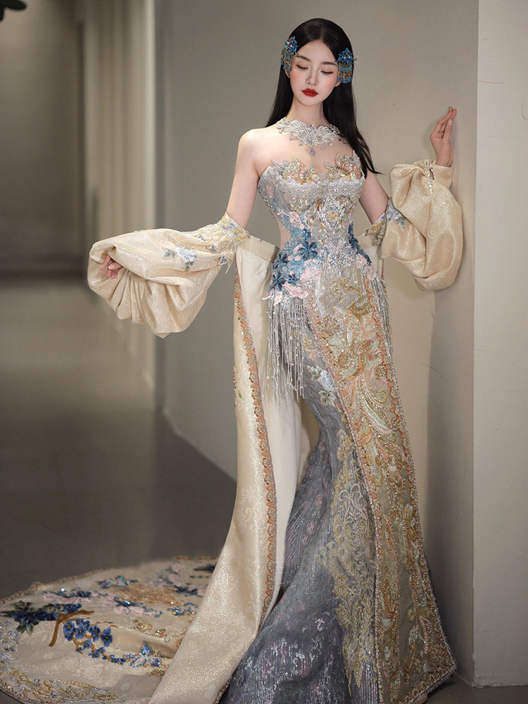 New Chinese-Style Wedding Dress 2025 Summer New Bride Wedding Toast Dress Wedding Dress Going Out Dress Elegant Fishtail Dress