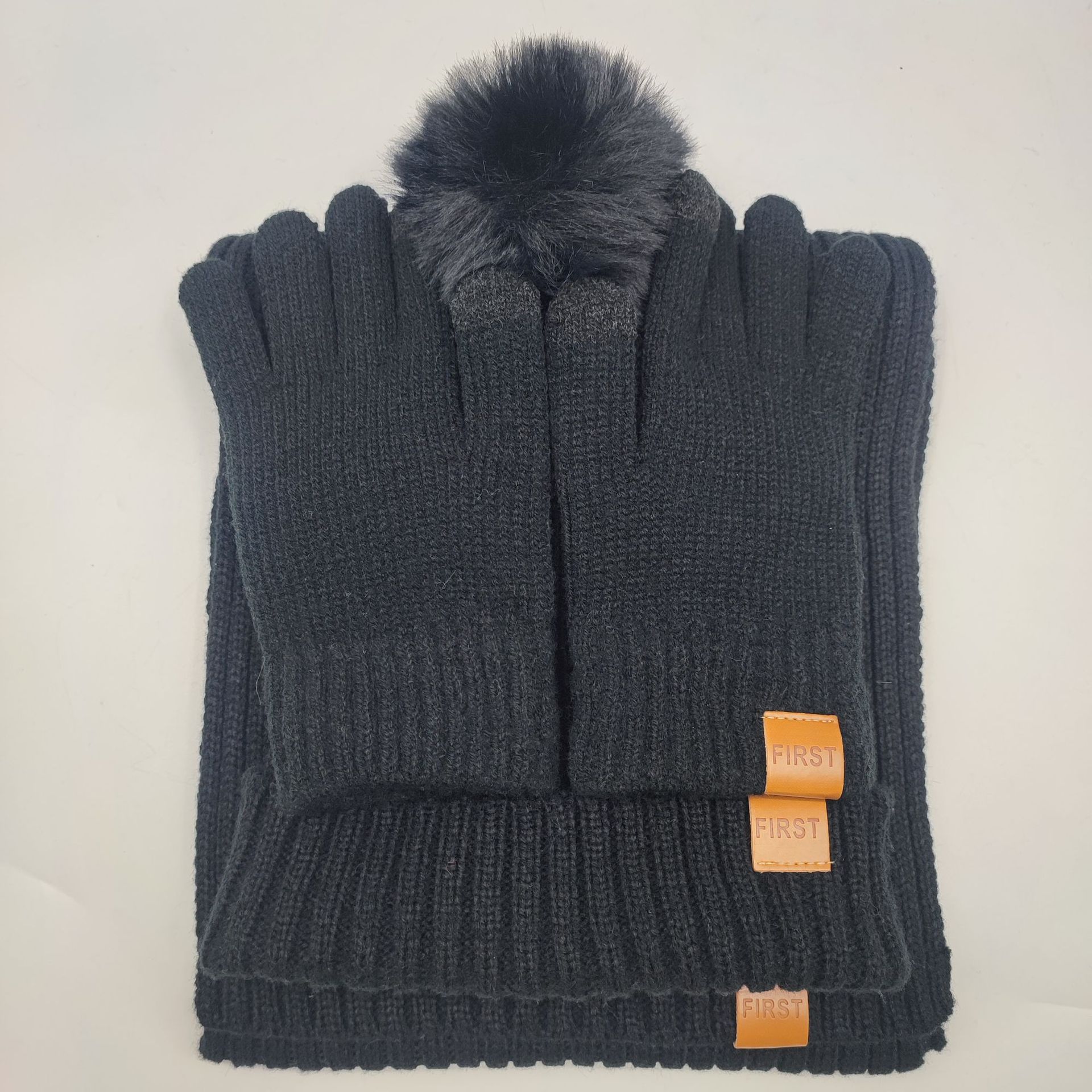 Cross-Border E-Commerce Factory New Spot Adult 9-Color Men's and Women's Knitted Hats, Scarves, Gloves, Touch Screen 3-Piece Set