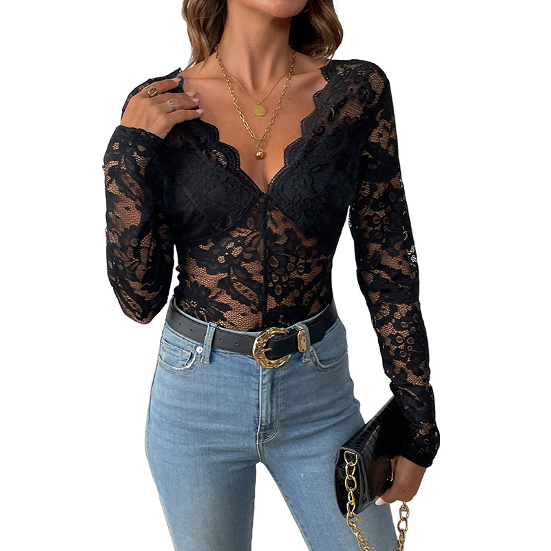 Amazon Independent Site Hot-Selling European and American Cross-Border Sexy and Elegant Solid Color Long-Sleeved Lace Jumpsuit