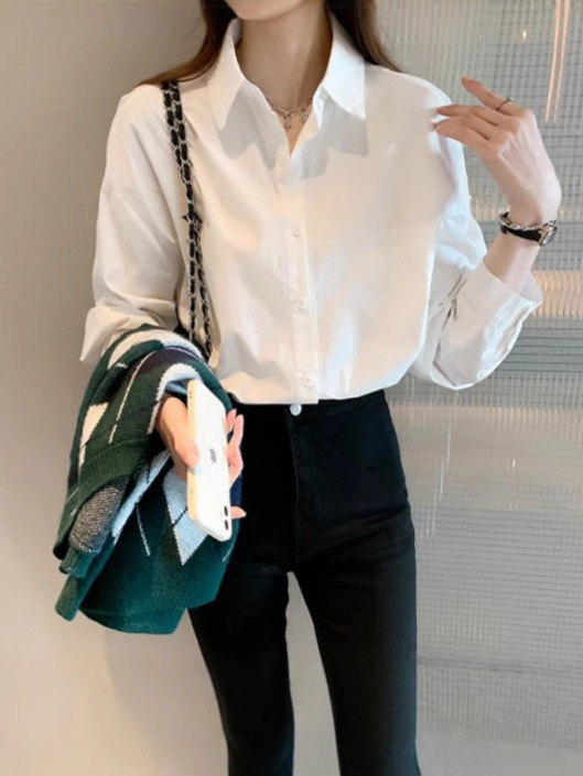 Uniform Shirt Basic Long-Sleeved White Shirt for Women New Versatile Basic Work Clothes with Retro Shirt for Women
