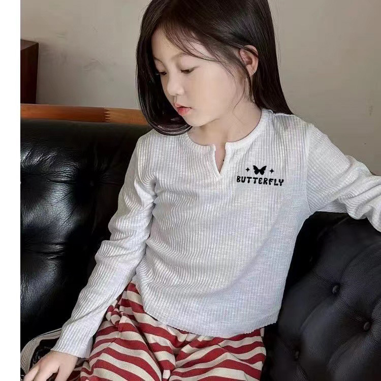 Girls' Spring Korean Style New Children's V-neck Base Shirt Long Sleeve T-shirt Stylish All-match Top Fashion All-match