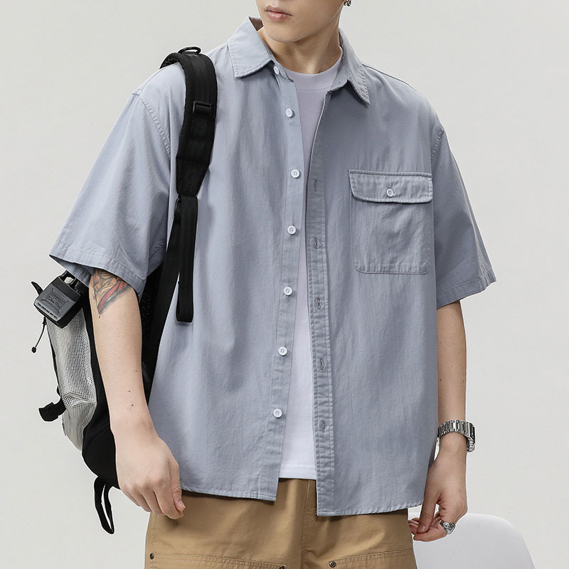 American Workwear Short-Sleeved Shirt Men's Summer Solid Color Lapel Pocket Casual Shirt Pure Cotton Shirt Casual Suit Trendy
