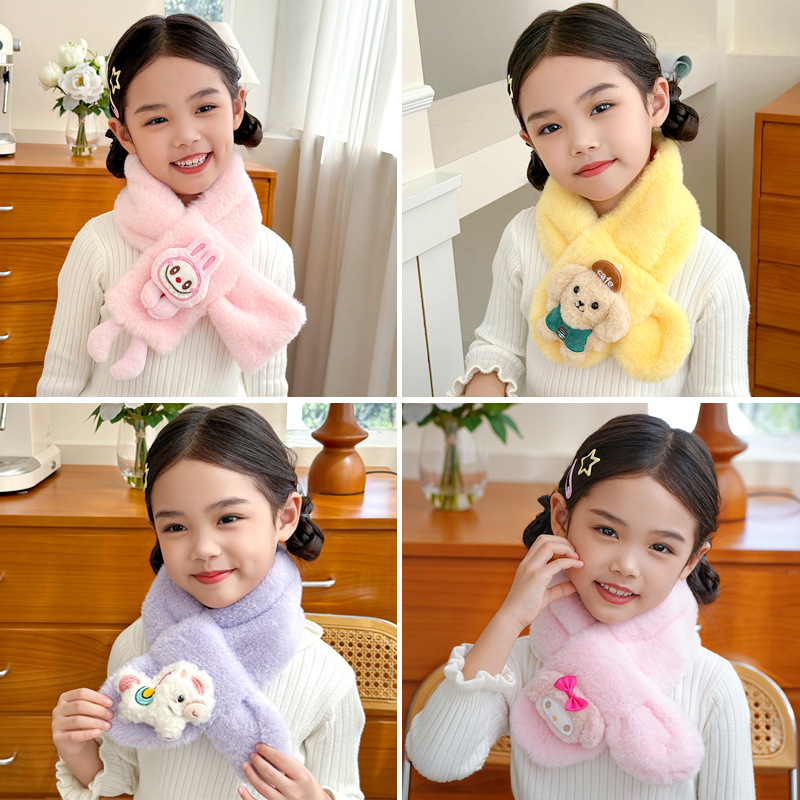Детский шарф 2025 года, осенне-зимний, плюшевый, имитация меха кролика, теплый мультяшный шарф корейского стиля