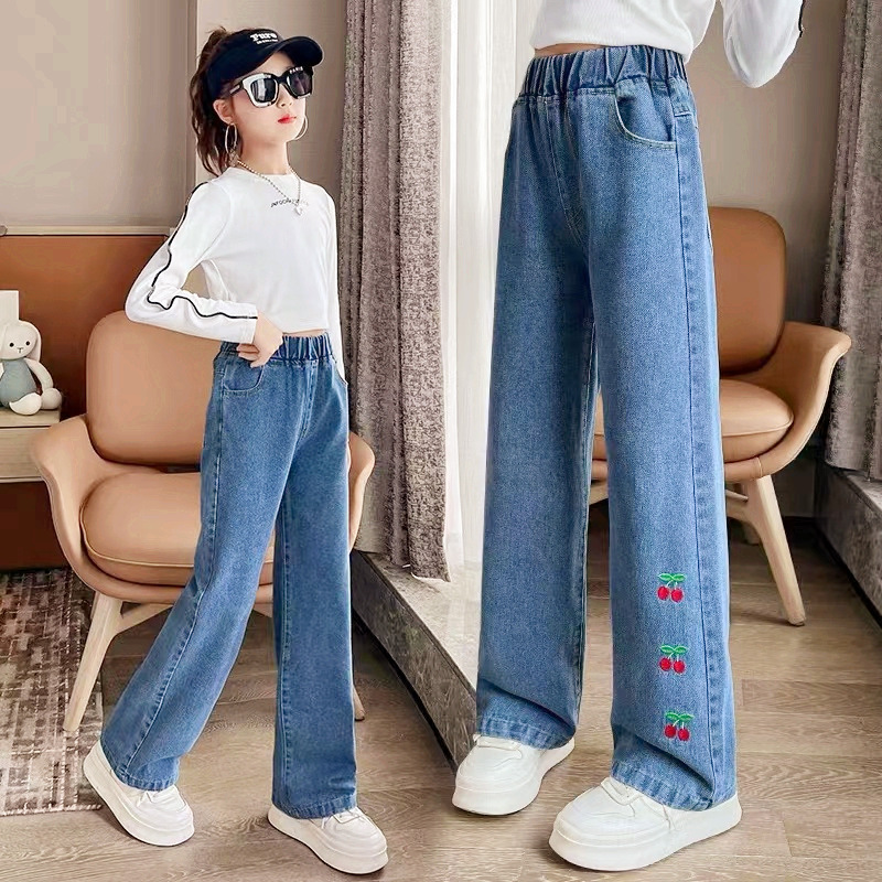 Girls' Cargo Jeans Spring and Autumn New Factory Children's Clothing Wholesale Big Kids Straight Loose Wide-Leg Children's Pants