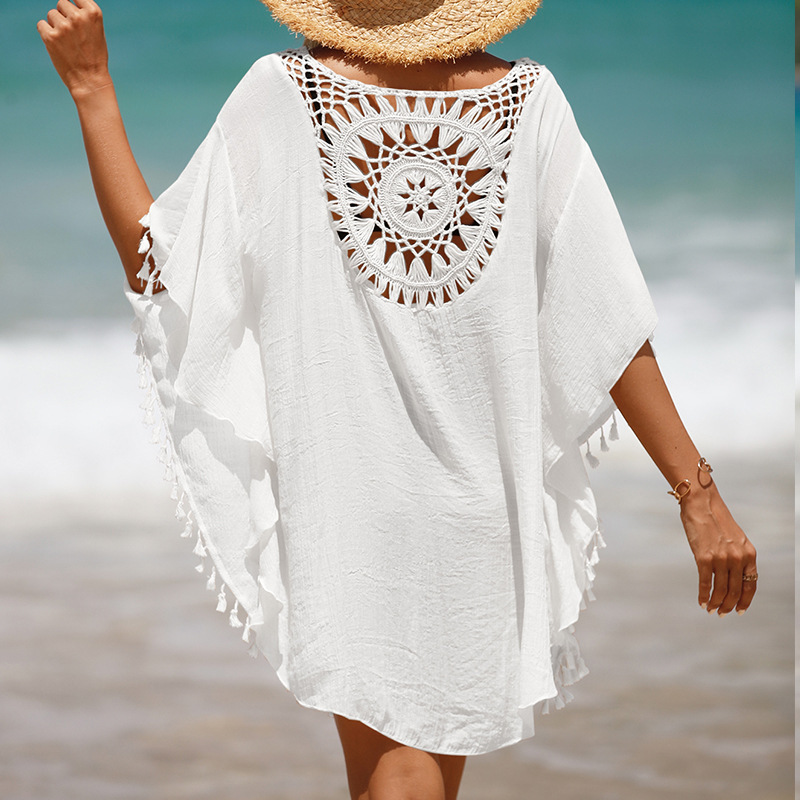 Cross-border Women's holiday hand hook solid color stitching European and American beach dress foreign trade Sun Protection short sexy beach blouse