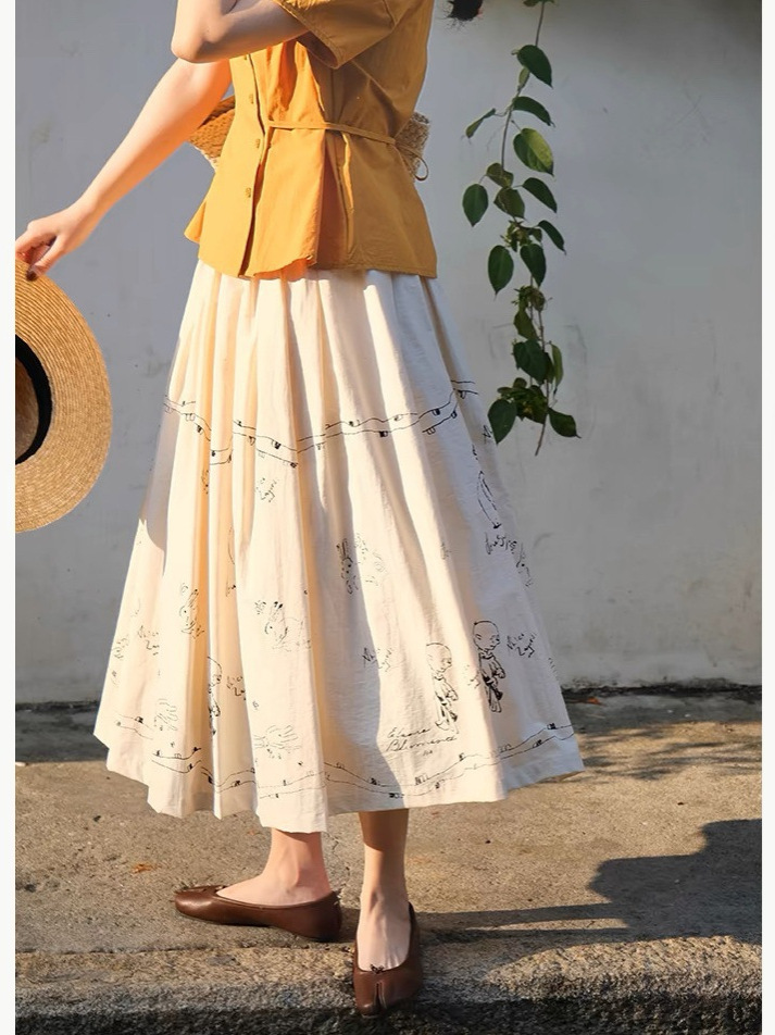 Ramesse | Tess apricot of the D'Urbervilles Retro Hand-painted Graffiti Loose Waist Umbrella Skirt Skirt