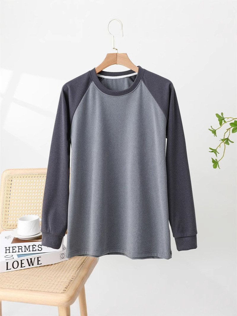 Round Neck Warm Top for Men, Autumn and Winter Color-Blocked Raglan T-Shirt, Large Size Elastic Base Layer Shirt, Autumn Clothing