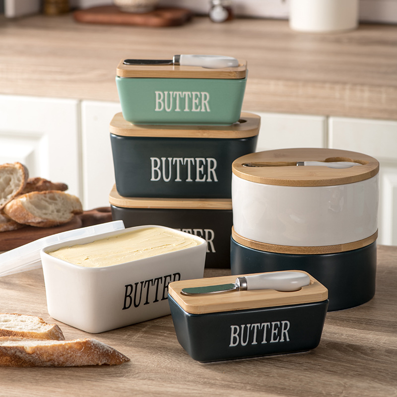 Visual butter box refrigerated box with knife ceramic rectangular butter dish with wooden lid cheese ceramic Butter Box