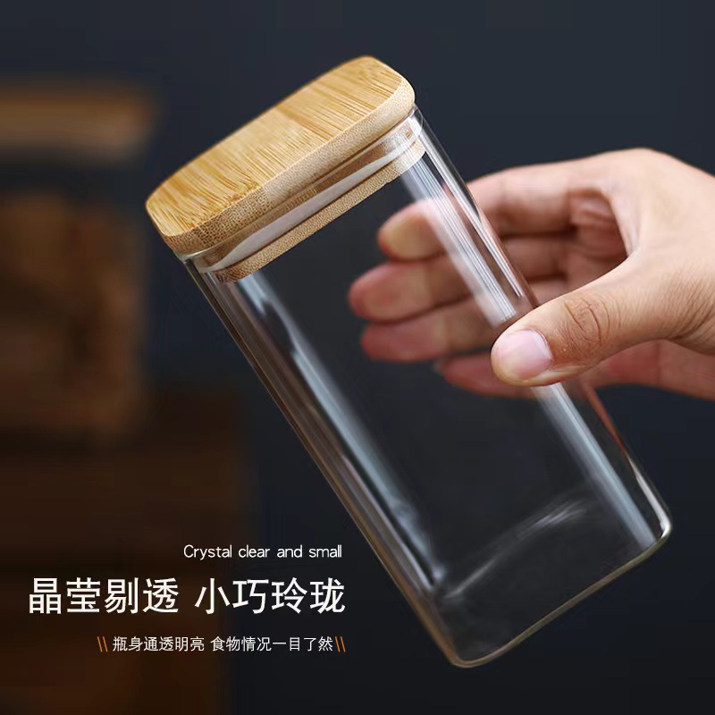 Glass Square Storage Jar Food-Grade Transparent Candlestick Fresh-Keeping Tea Jar Storage Jar Sealed Jar Grain Coffee Jar