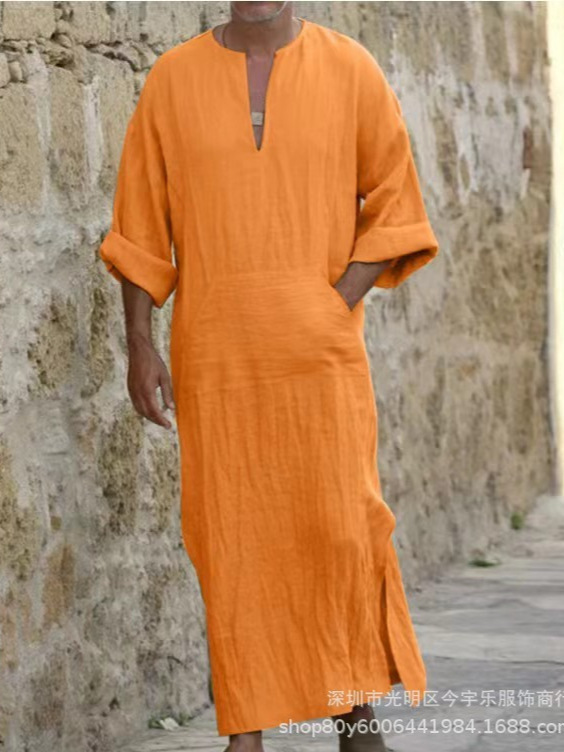 Новая мужская длинная футболка из хлопка и льна, длинный рукав, в восточном стиле