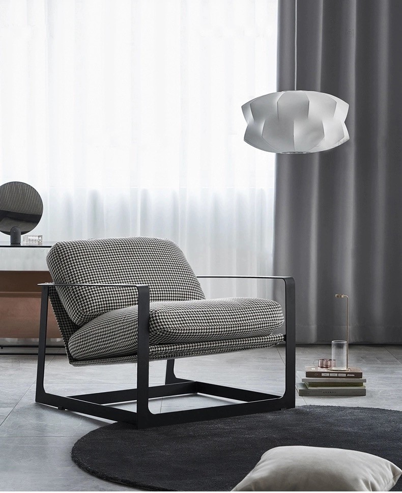 Nordic Designer Single Sofa Chair Home Living Room Balcony Houndstooth Lazy Sofa Wrought Iron Casual Leather Chair