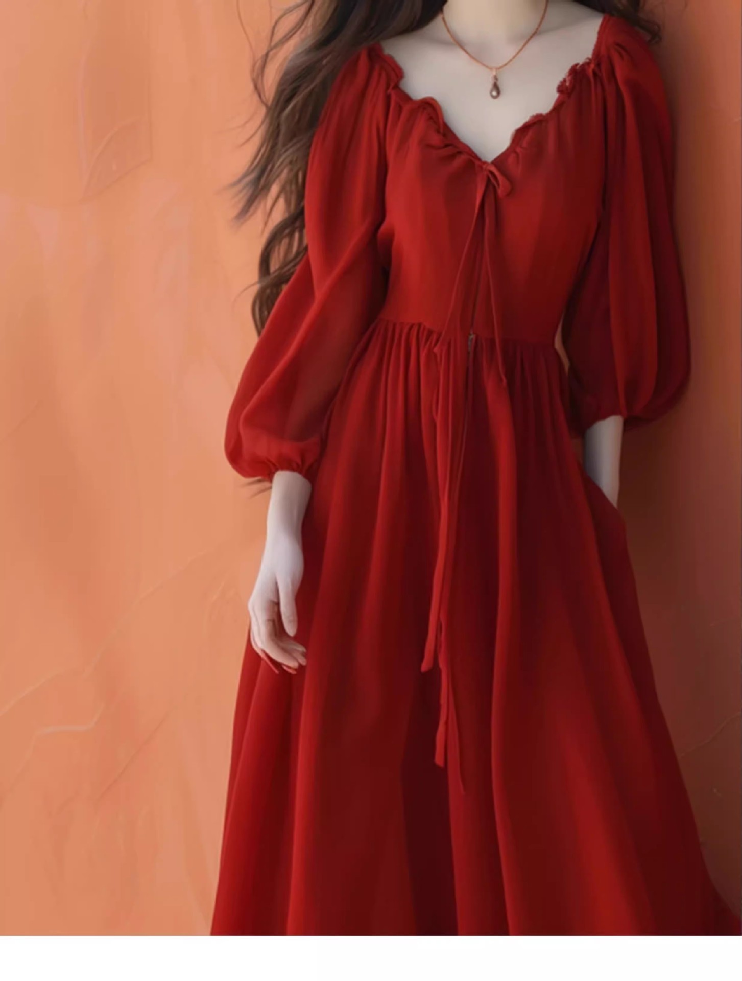 [in stock] 2512 new micro fat mm plus size seaside French red V-neck dress women's A- line skirt