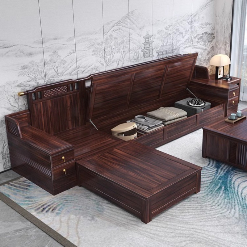 New Chinoiserie Ebony Solid Wood Sofa Home Living Room Large Apartment Fabric Large Sofa Imperial Concubine Winter and Summer Dual-Use Storage
