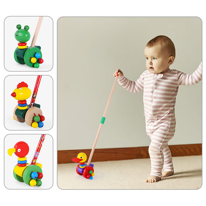 Baby Wooden Trolley Cartoon Animal Push Push Lele Baby Toddler Single Pole Early Education Toy 0-3 Years Old Walkers