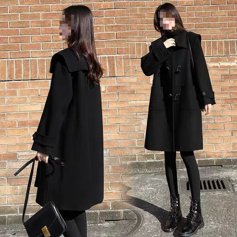 Осенне-зимняя черная шершавая верхняя одежда средней длины с воротником, свободного кроя, большого размера, стиль Хепберн