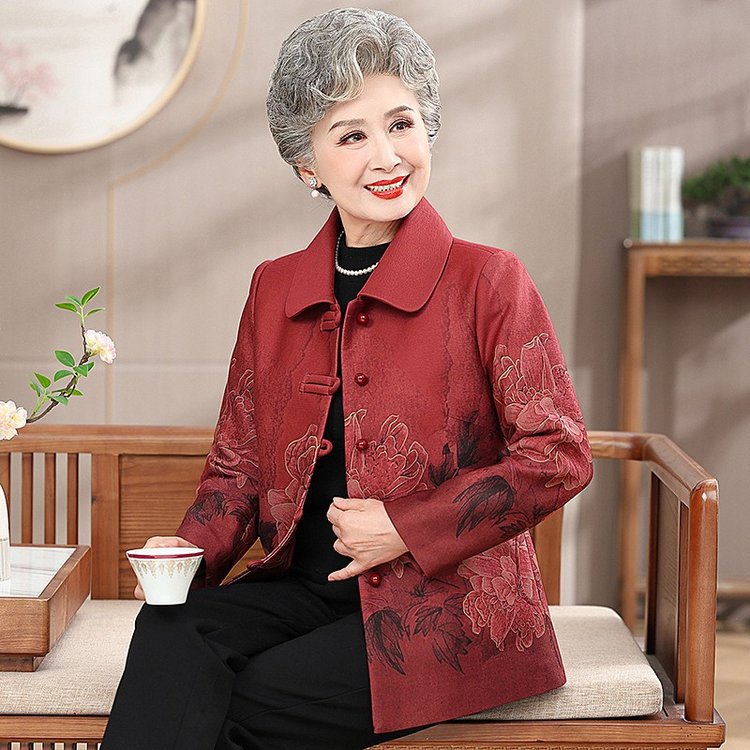 Mom's Spring and Autumn New Coat Middle-aged and Elderly Women's Loose Old Lady's Autumn Western Style Grandma Flower Clothes