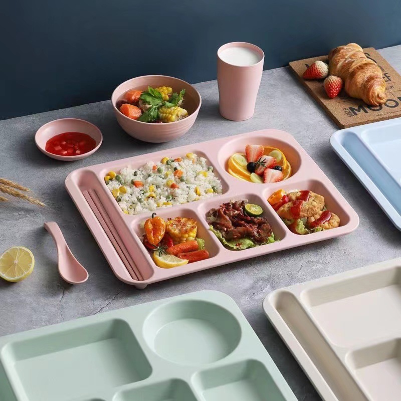 Creative Wheat Straw Dinner Plate Set for Home Adult Students Divided Fast Food Plate Thickeneded Canteen Rice Plate Bowl Cup and Saucer