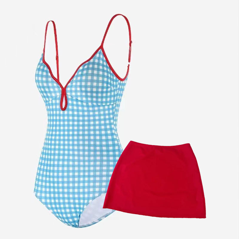 Swimsuit Women's Hot Spring Retro Plaid High-end Conjoined Slight Fat Girl's Belly Covering Pure Desire for Conservative Seaside Vacation