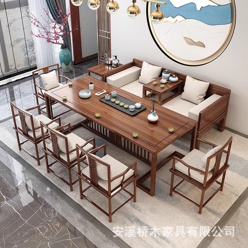 New Chinese Style Solid Wood Tea Table and Chair Combination Office Reception Negotiation Tea Table Home Coffee Table Reception Large Tea Table