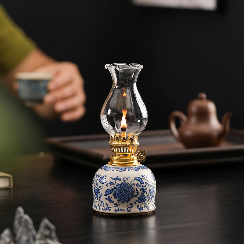 Ceramic Butter Lamp Traditional Tea Room Home Decoration Cotton Wick Antique Buddha Worshiping Lighting Atmosphere Night Light