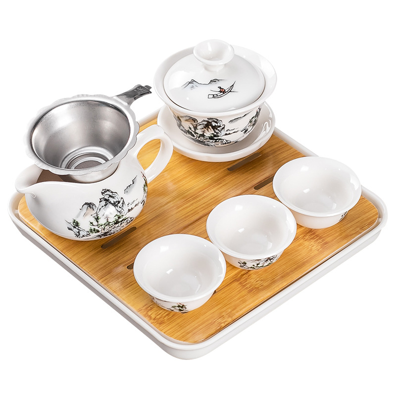 Household Kung Fu Tea Set suit One Cover Bowl Three Cups Simple Tea-making Meeting Ceramics Tea Cup Dry-making Tea Tray