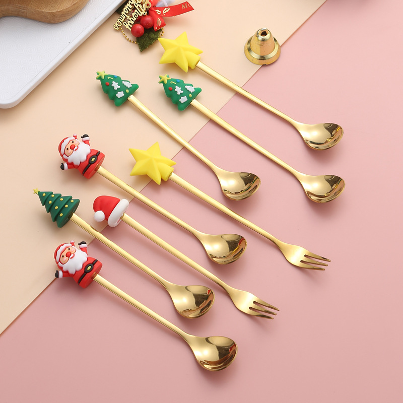 Stainless steel spoon creative Christmas tree coffee mixing spoon dessert fruit fork doll spoon Fork tableware gift suit
