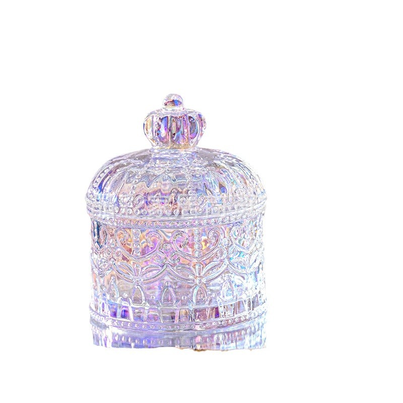 Crown Embossed Creative Glass Jar Crystal Vintage Coffee Glass Candy Jar Cup with Lid Jewelry Cotton Swab Storage Jar