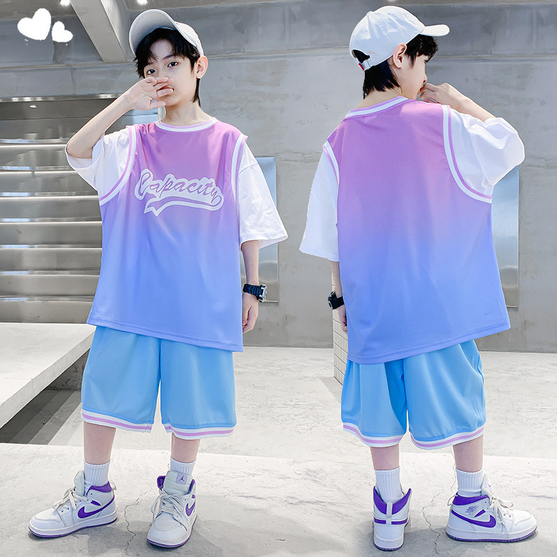 Летний костюм для мальчиков Джерси Стильный спортивный интернет-знаменитость Средний и большой размер жилет быстросохнущий Летний баскетбольный комплект для детей
