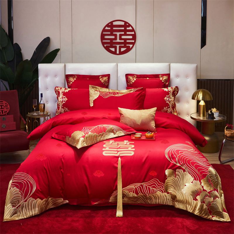 Long-staple cotton 120 wedding four-piece set red embroidery dragon and phoenix wedding escort six-piece set Chinese luxury cotton