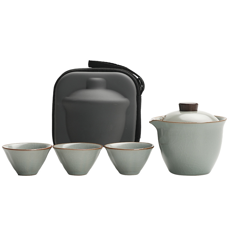 Ru Kiln Travel Tea Set One Pot Three Cups Portable Outdoor Ceramic Express Cup Set Business Activities Accompanying Gift