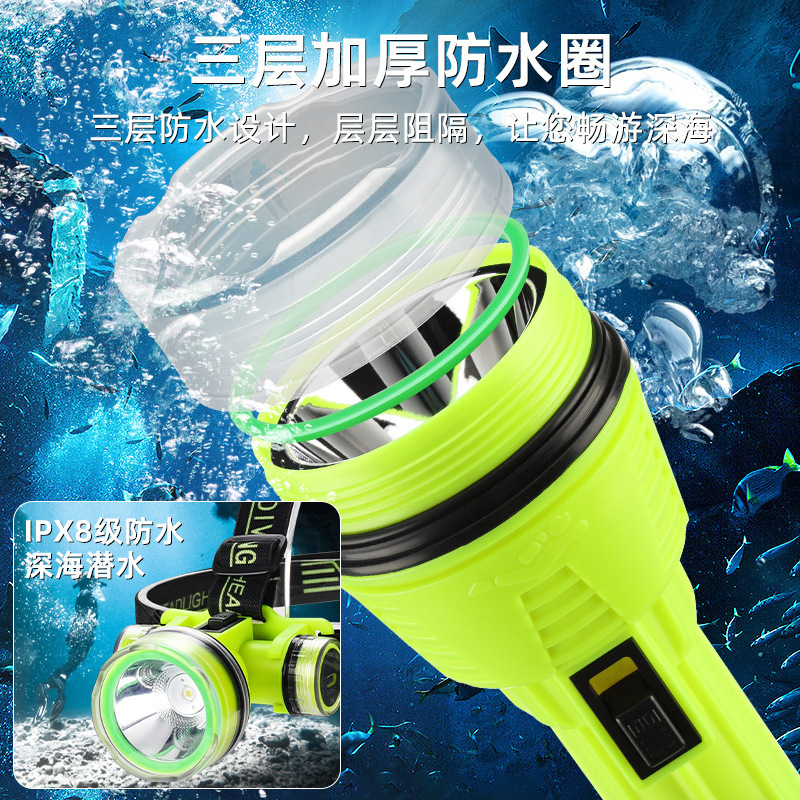 Strong Light Rechargeable Diving Headlight Flashlight Super Bright Waterproof Headlight Long Range Diving Flashlight Type-C
