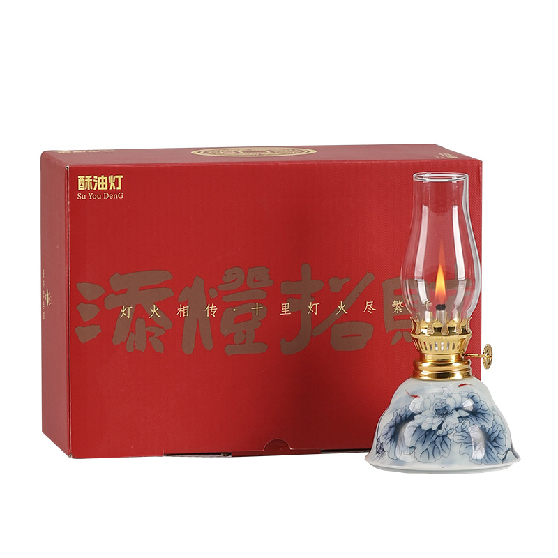 Lotus Pond Moonlight Ceramic Butter Lamp Atmosphere Lamp Ornaments Retro Long Bright Lamp Home Blue and white Camping Buddha Candle Holder