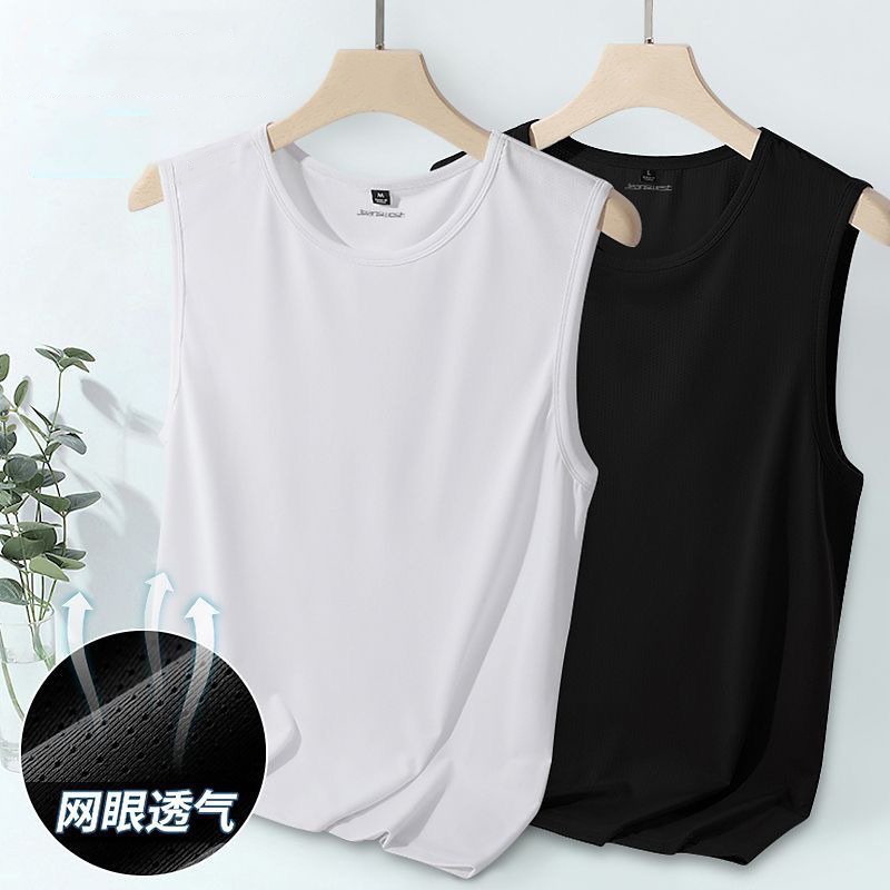 Trendy Men's Round Neck Vest Summer Thin Breathable Quick-Drying Mesh Sleeveless T-Shirt Large Size Loose Hurdle Sports Sleeves