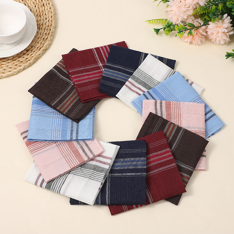 2024 New Men's Light Color Plaid Striped Handkerchief Polyester Cotton Handkerchief Towel Pocket Towel Small Square Square Classic Handkerchief