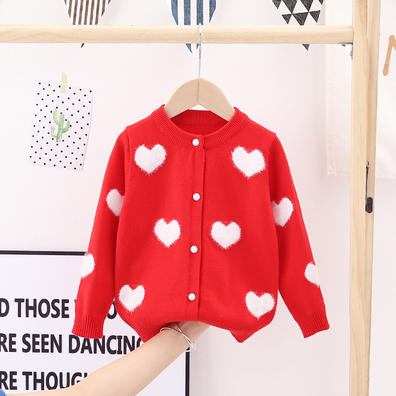 Manufacturer Wholesale Children's Clothing Girls' Woolen Cardigan 25 Spring & Fall New Baby Mink Heart Jacquard Core-Spun Yarn Sweater