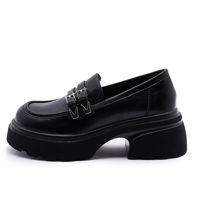 Thick-Soled Genuine Leather Small Leather Shoes for Women British Style 2024 Autumn New Round-Toe Flats with Metal Buckle Straps Soft-Soled Loafers