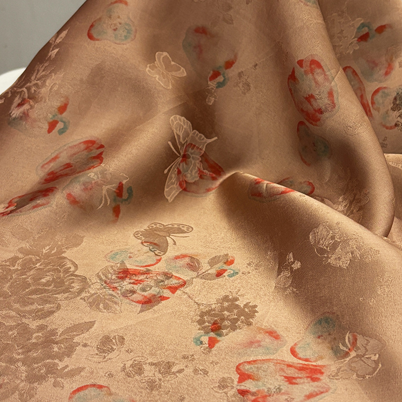 Butterfly Rose Jacquard Pattern Silk Fabric Mulberry Silk Interwoven Printed Cheongsam Clothing Fabric Factory Direct Sale