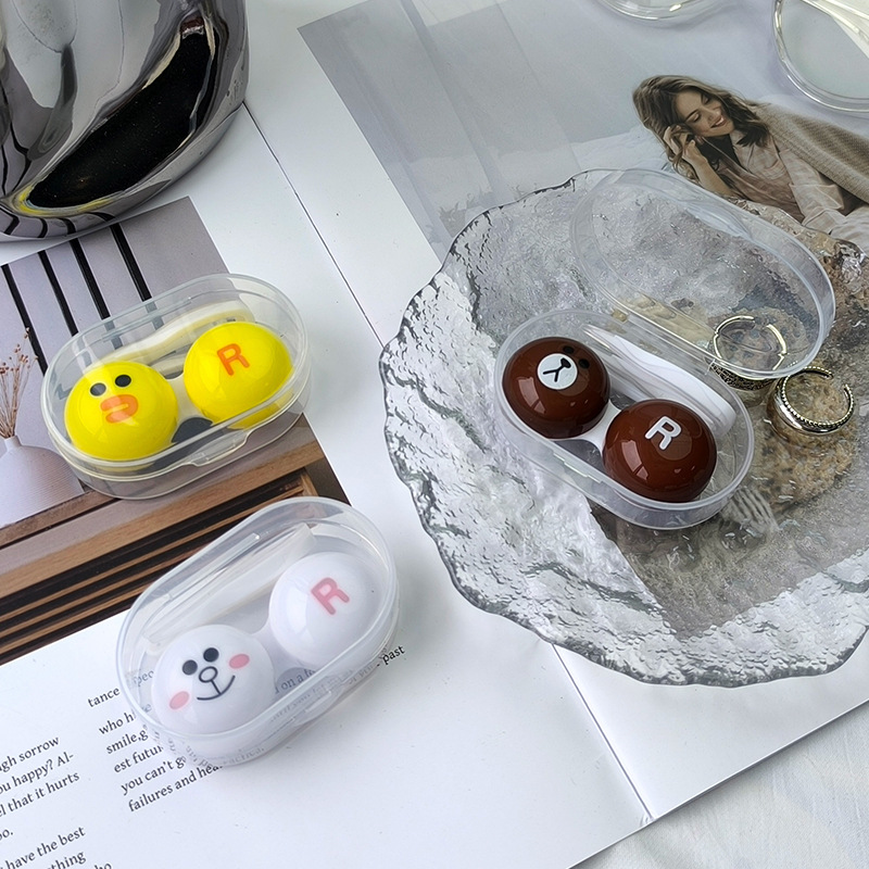 Transparent Simple Contact Lens Box Cute Cartoon Double Box Companion Box Care Box Small Color Box Wholesale Ready Stock